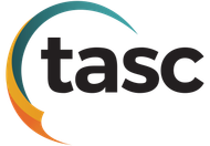 TASC logo with black text and teal-to-orange curved swoosh on white background