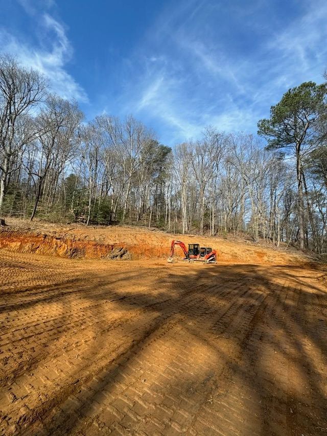 Orange excavator grading a dirt clearing beneath bare trees under a blue sky