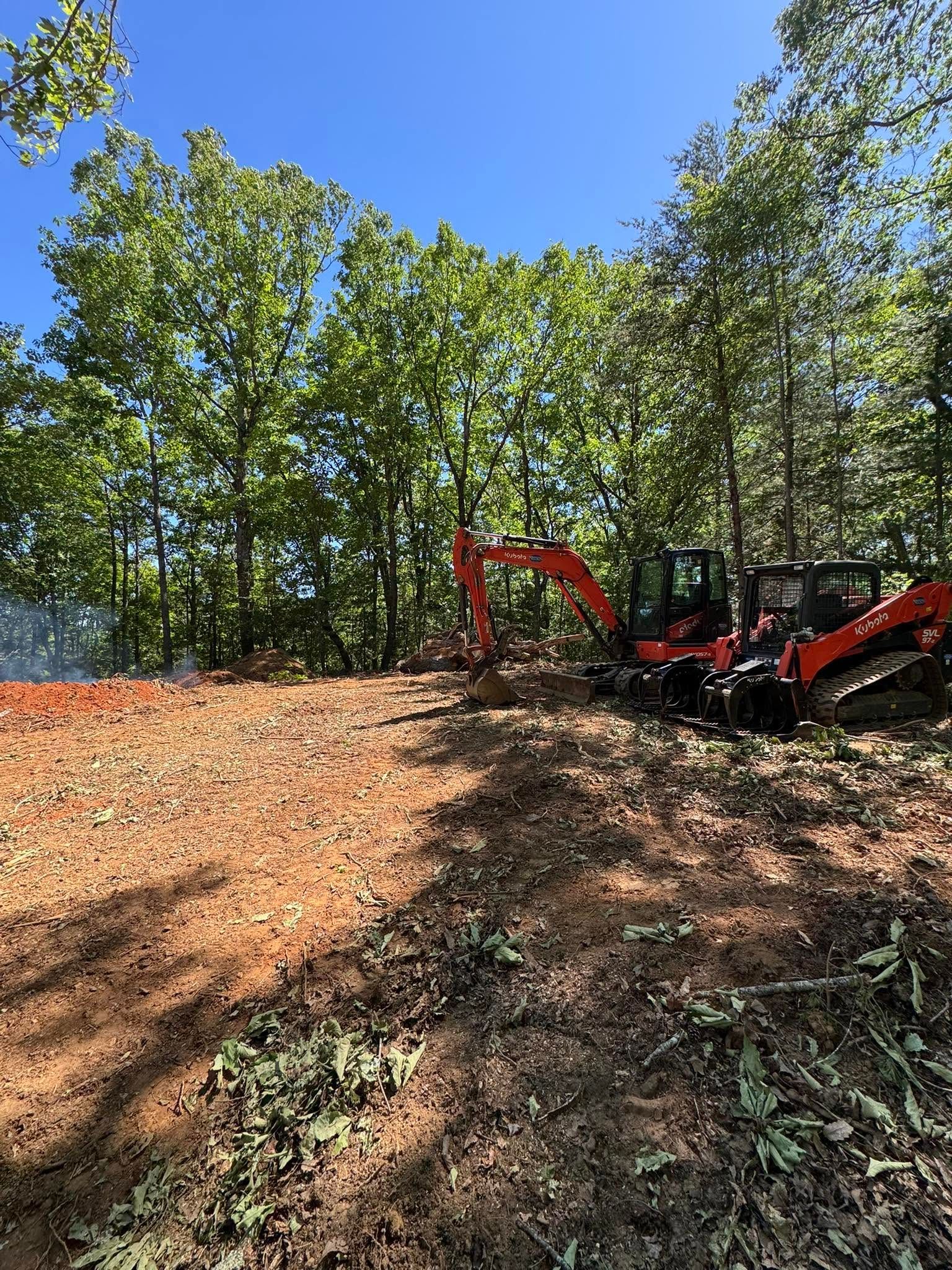 Red excavator clearing a dirt slope beside a wooded area under a blue sky