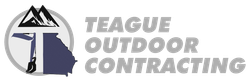 Teague Outdoor Contracting logo with mountain graphic and blue shovel icon on gray background