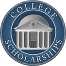 Blue circular College Scholarships emblem with a white classical building in the center.