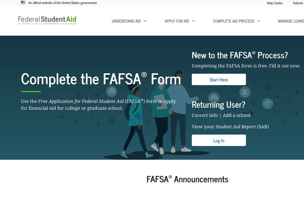 Federal Student Aid FAFSA homepage with “Complete the FAFSA Form” banner and login/sign-up options