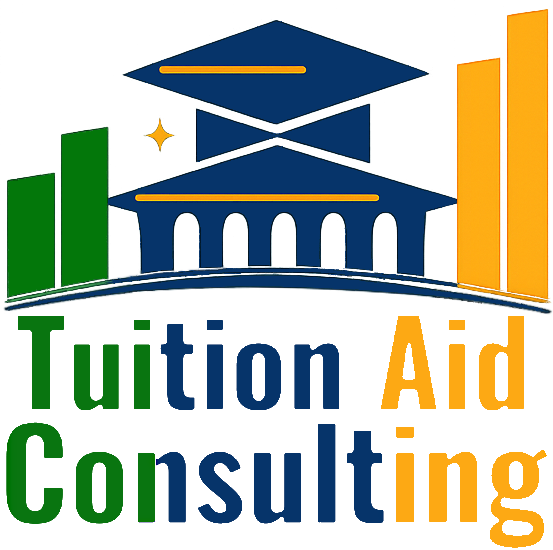 Tuition Aid Consulting logo with green and orange text and a blue school building icon