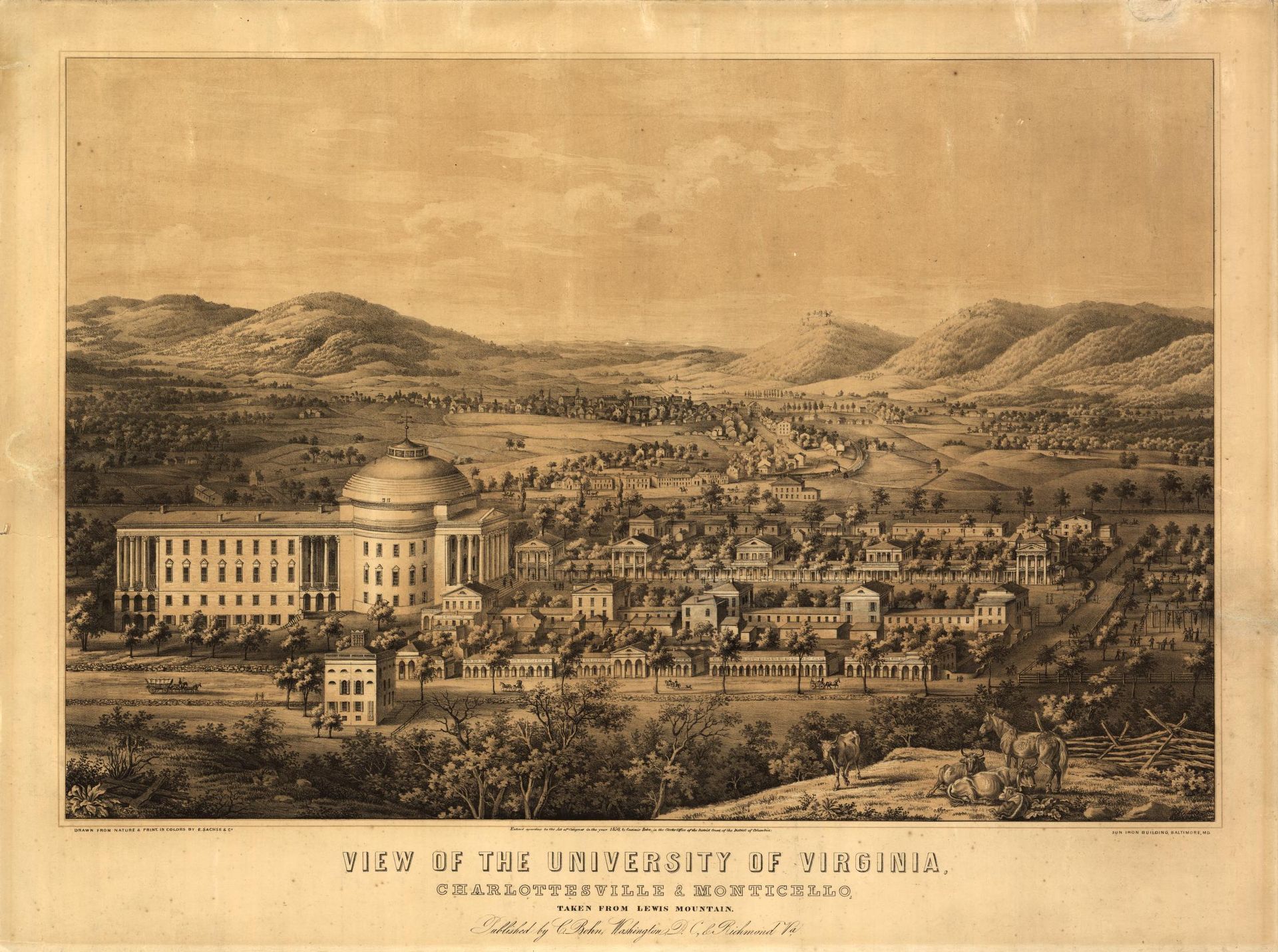 Sepia-toned historic print of the University of Granada campus with city and mountains in the background