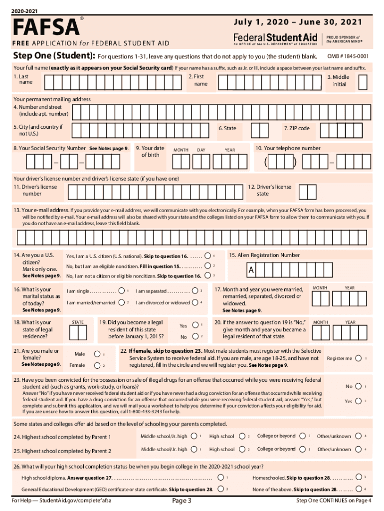 Blank FAFSA form with fields for student and parent information on a peach-colored background