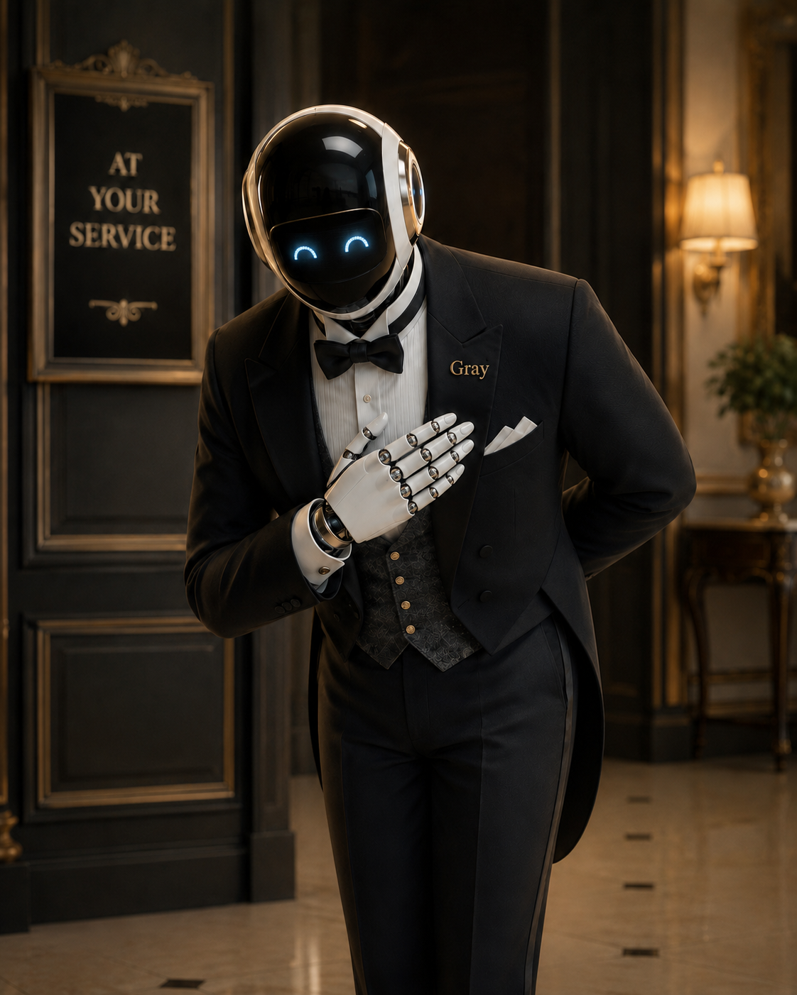 Humanoid robot in a tuxedo bows in a dimly lit hotel lobby.