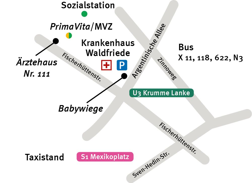 Eine Karte mit der Lage des Krankenhauses Waldfriede