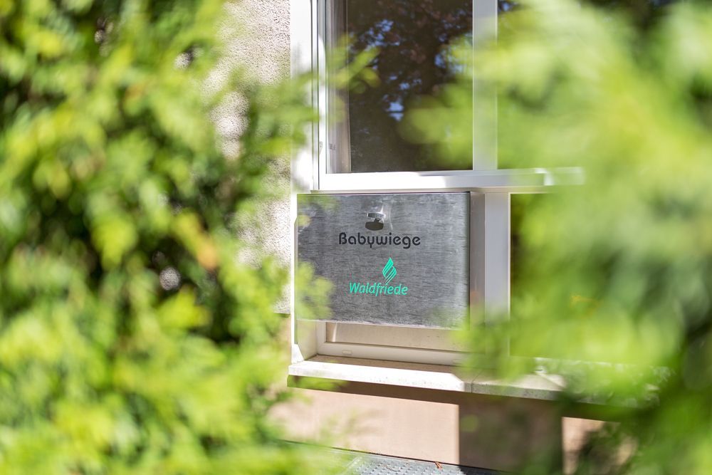 Ein Fenster mit einem Schild darauf ist von Bäumen umgeben.
