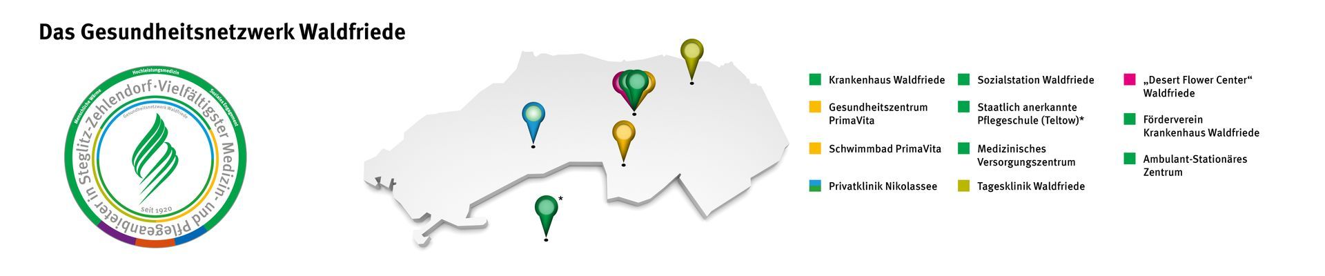 Eine Karte mit Stecknadeln und einem Logo auf weißem Hintergrund.