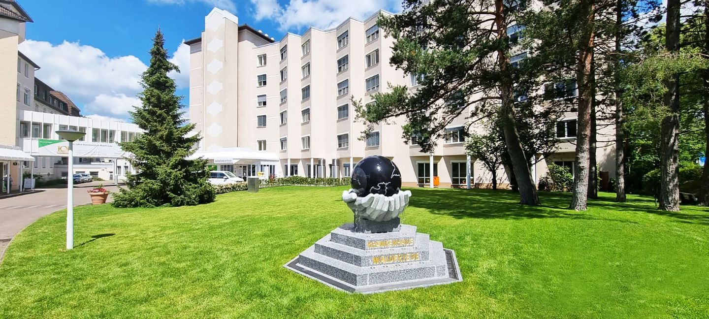 Mitten im Gras vor einem Gebäude steht eine Statue.