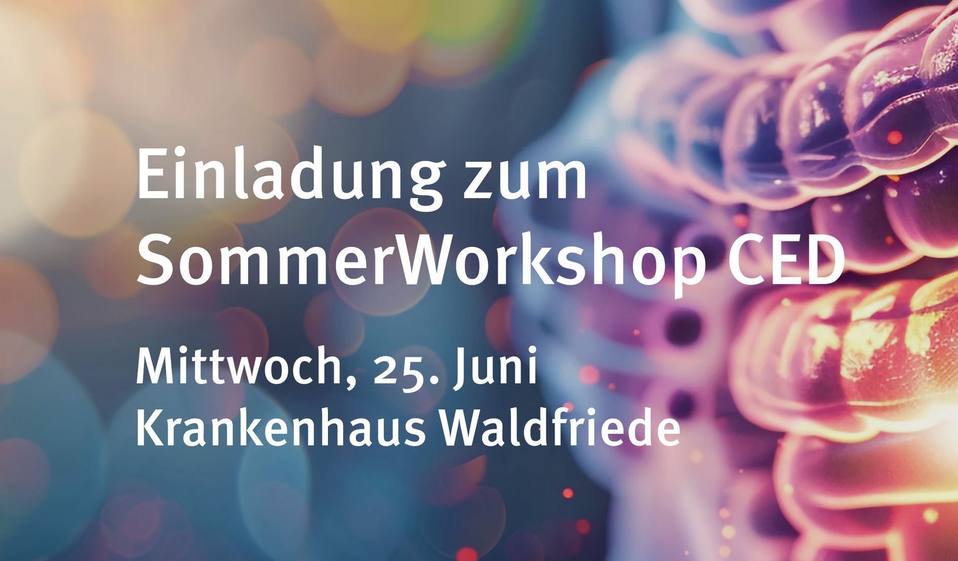 Einladung zum Sommerworkshop CED, Mittwoch, 25. Juni, Krankenhaus Waldfriede, mit verschwommenem Hintergrund und abstraktem Zellbild.