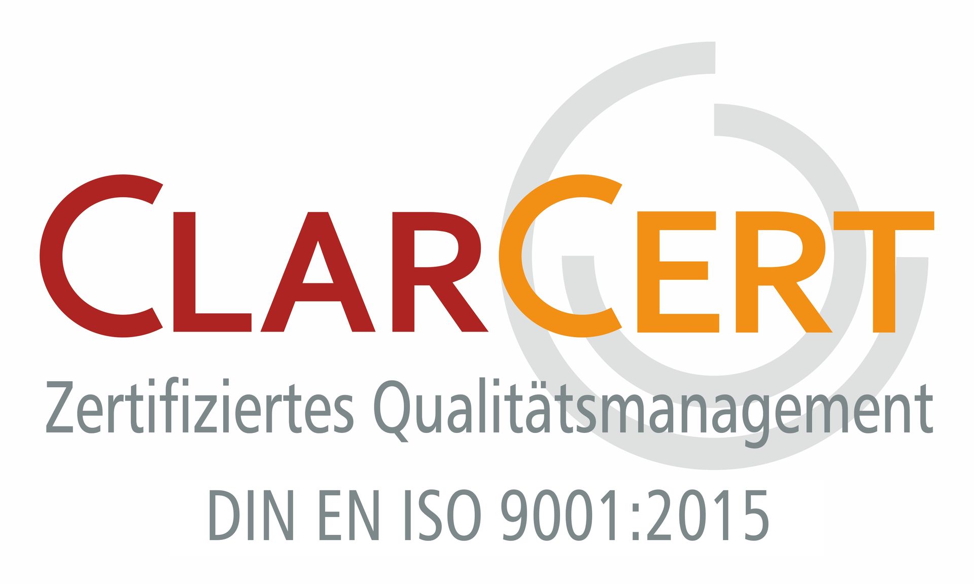 Ein Clarcert-Logo mit der Aufschrift „DIN EN ISO 9001: 2015“