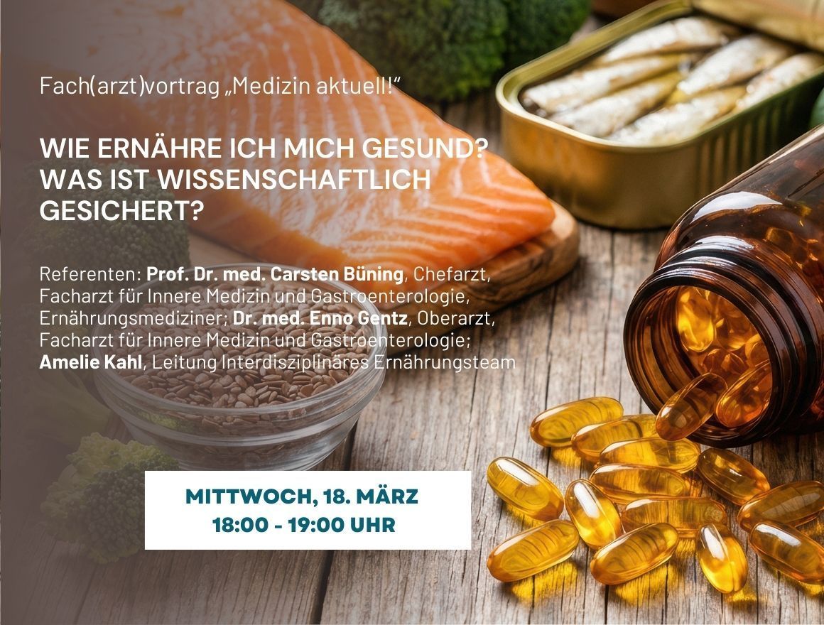 Veranstaltungsflyer: Medizinischer Vortrag über gesunde, evidenzbasierte Ernährung am 18. März von 18:00 bis 19:00 Uhr mit dem Schwerpunkt Lachs und Nahrungsergänzungsmittel.
