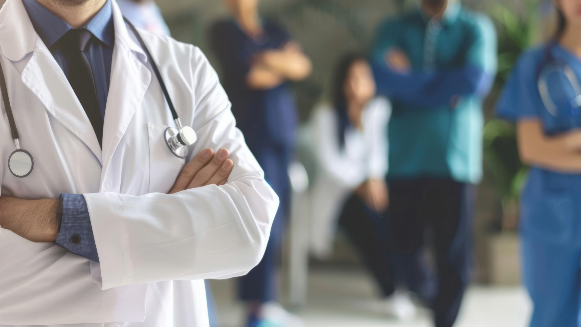 A doctor with a stethoscope around his neck is standing in front of a group of doctors and nurses.