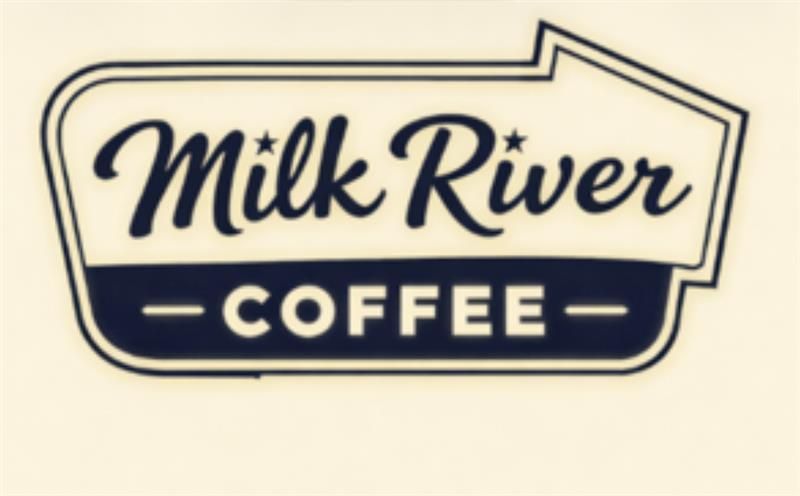 Milk River Coffee logo in navy and cream with stylized script and banner design
