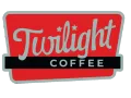 Twilight Coffee logo in red and black with teal outline and stylized script text