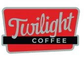 Twilight Coffee logo in red and black with teal outline and stylized script text