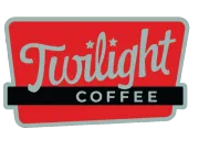 Twilight Coffee logo in red and black with teal outline and stylized script text