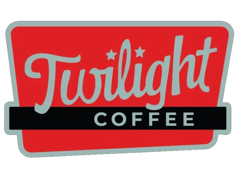 Twilight Coffee logo in red and black with teal outline and stylized script text