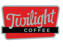 Twilight Coffee logo in red and black with teal outline and stylized script text