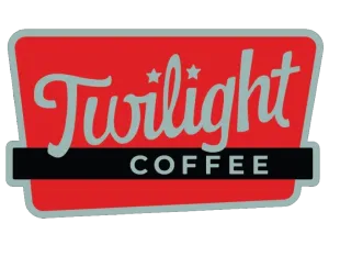 Twilight Coffee logo in red and black with teal outline and stylized script text