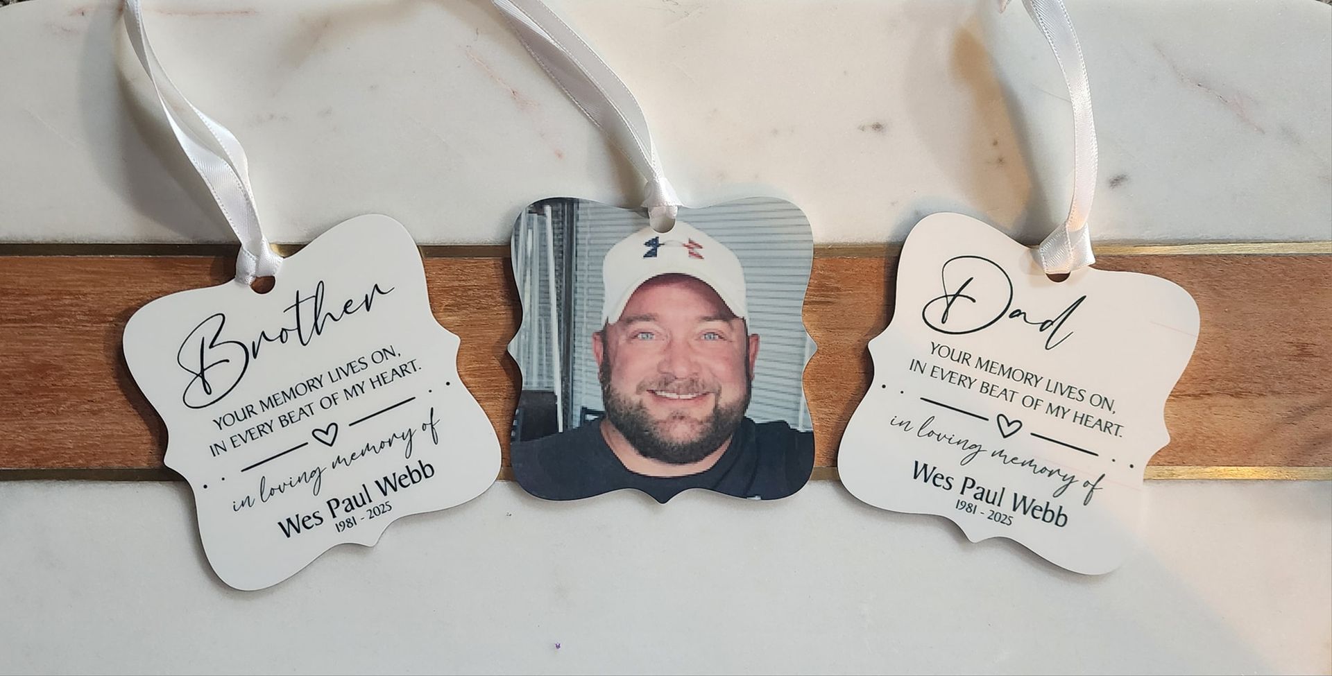 Three decorative tags with a photo and text: