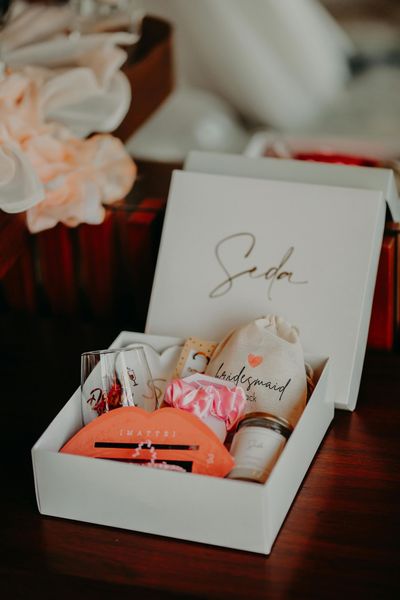 White gift box with assorted items.