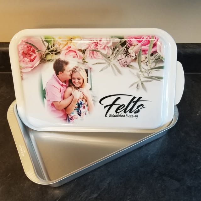 Tray with custom floral design, couple photo, and