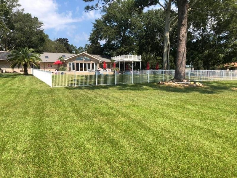 A large lawn with a white fence and a house in the background.