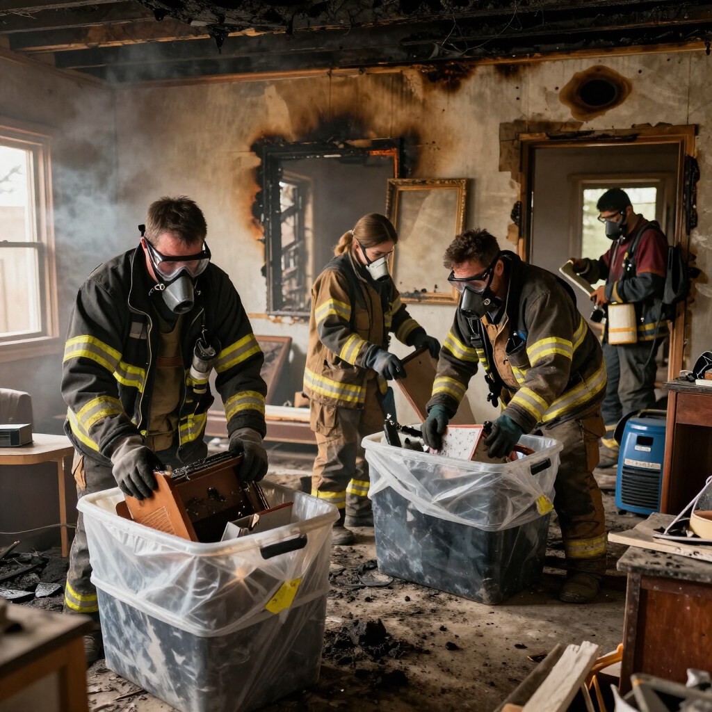 Firefighters sorting debris in a smoke-damaged room, wearing gear and working beside large trash bags
