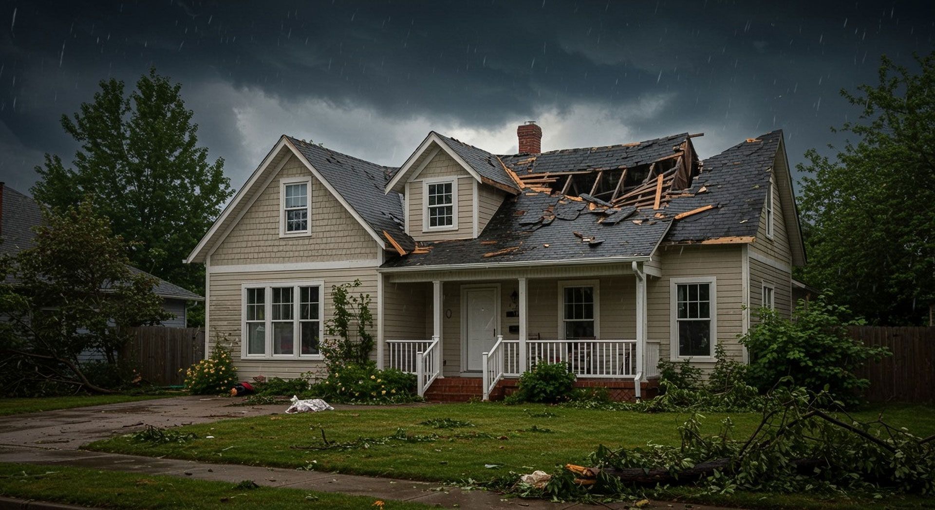 Storm-damaged suburban house with a collapsed roof and debris in the yard