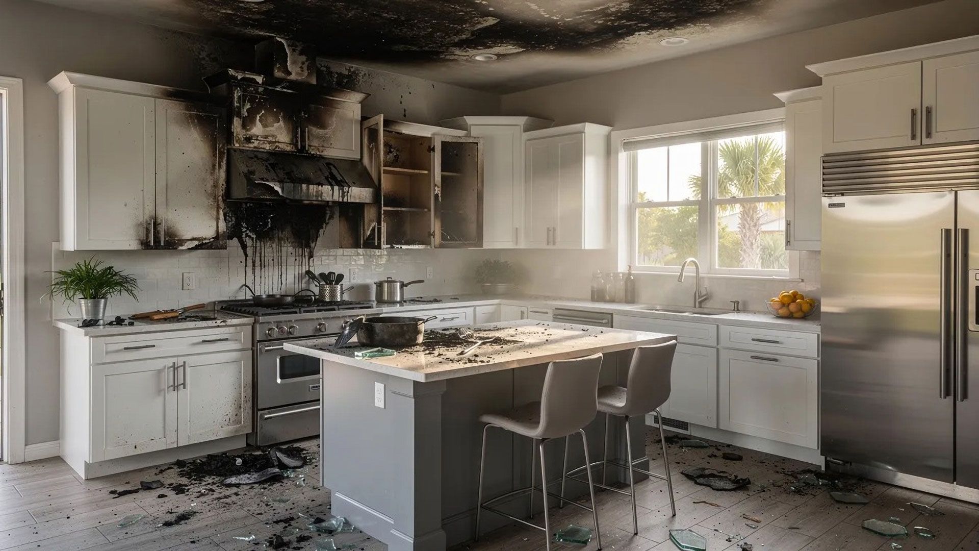 Burned kitchen with charred cabinets, smoke damage, and an island under a damaged ceiling