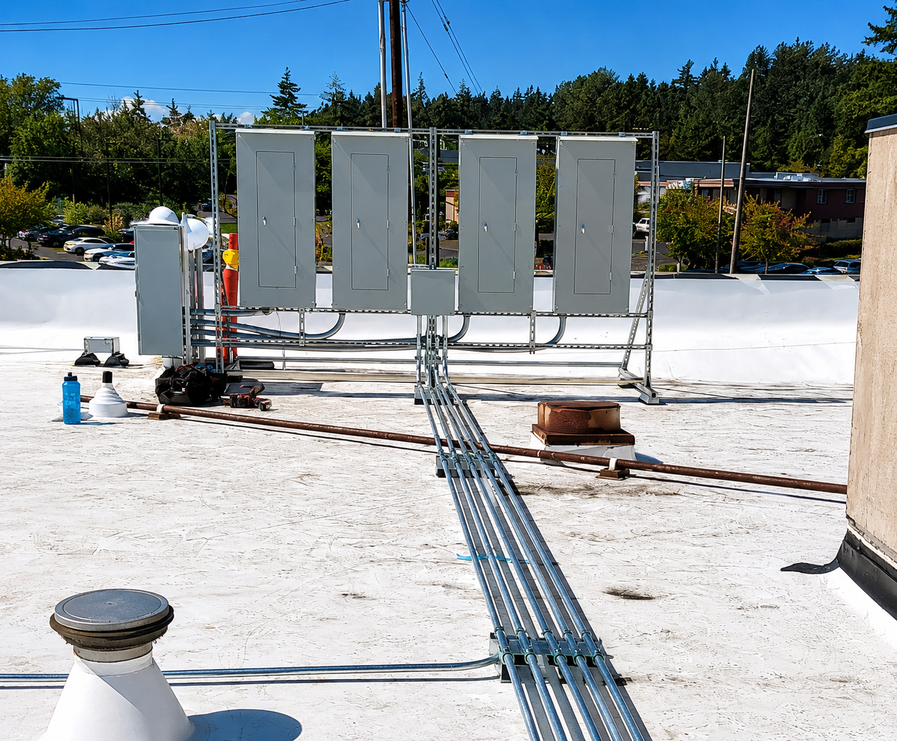 Rooftop electrical panels with conduit lines on a bright, snowy day.