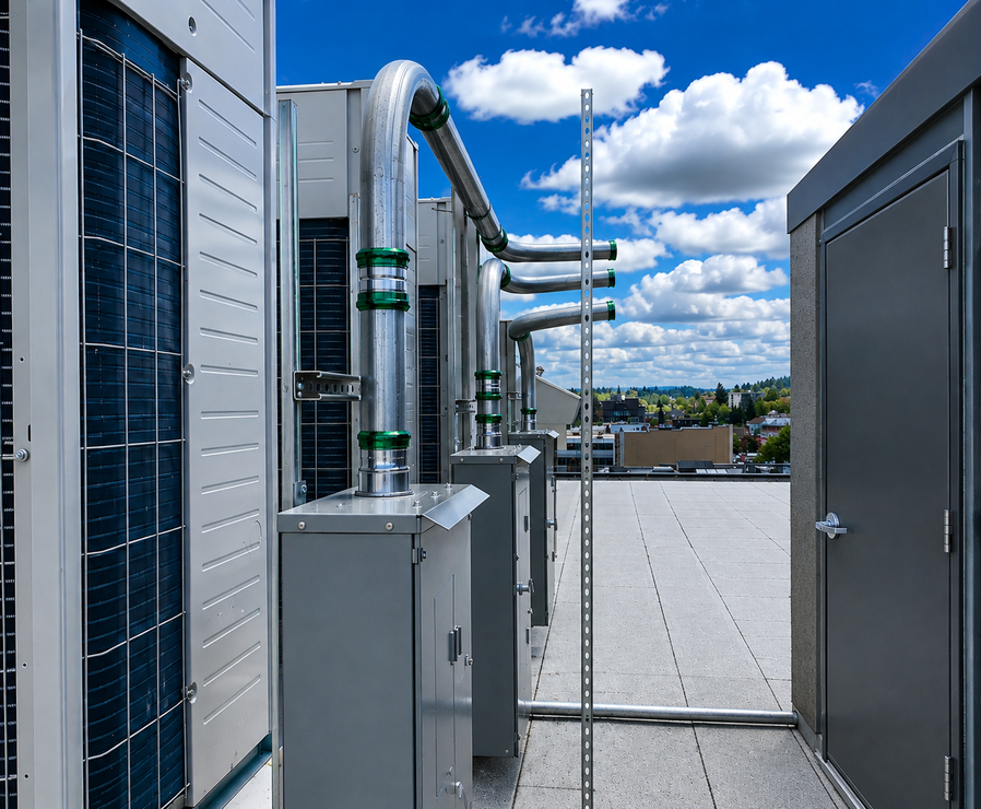 Rooftop HVAC equipment and ducts beside a building under a blue sky with clouds