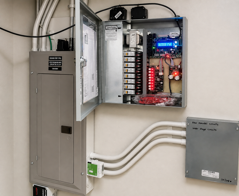 Open electrical control panel with exposed wiring and breaker switches on an exterior wall.