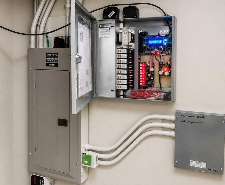 Open electrical control panel with exposed wiring and breaker switches on an exterior wall.
