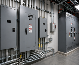 Gray electrical control panels with conduit in an industrial room