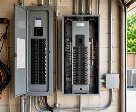 Open electrical service panels mounted on a concrete wall with exposed conduit and cables