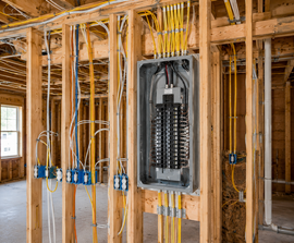 Open electrical panel in unfinished wood-framed room with visible wiring and breaker boxes