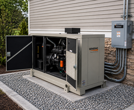 Outdoor commercial generator unit beside a house, with open access panel and electrical conduit.