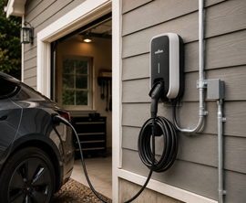 Electric vehicle charger mounted on a house exterior beside a parked car in a garage driveway.