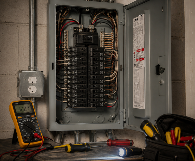 Open electrical breaker panel with wiring, outlet, and tools on a workbench in a utility room