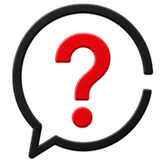 Red question mark inside a speech bubble on a black circular icon with red and orange accents