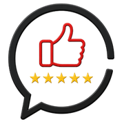 Thumbs-up rating icon in a speech bubble, with five gold stars and red-orange circular accents on black