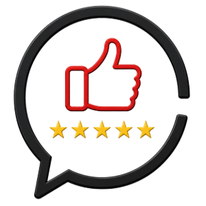 Thumbs-up rating icon in a speech bubble, with five gold stars and red-orange circular accents on black