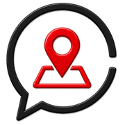 Black circular map-and-location icon in a white speech bubble, with red and orange accents.
