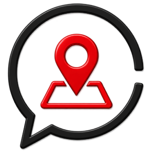 Black circular map-and-location icon in a white speech bubble, with red and orange accents.