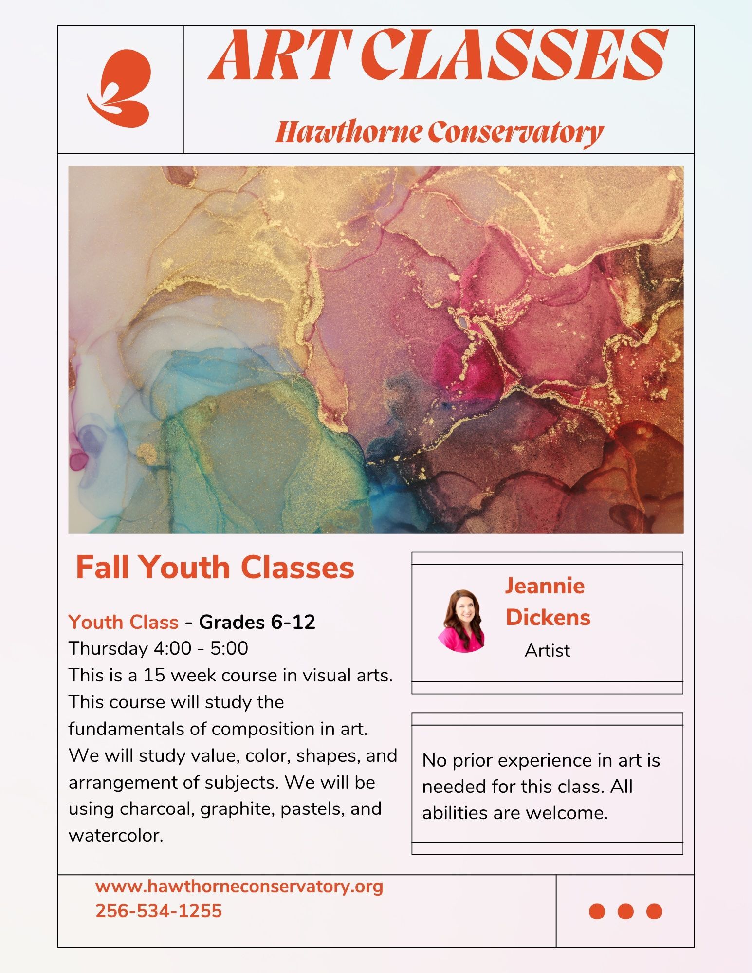 ART CLASSES flyer with abstract painting, “Fall Youth Classes,” and contact details