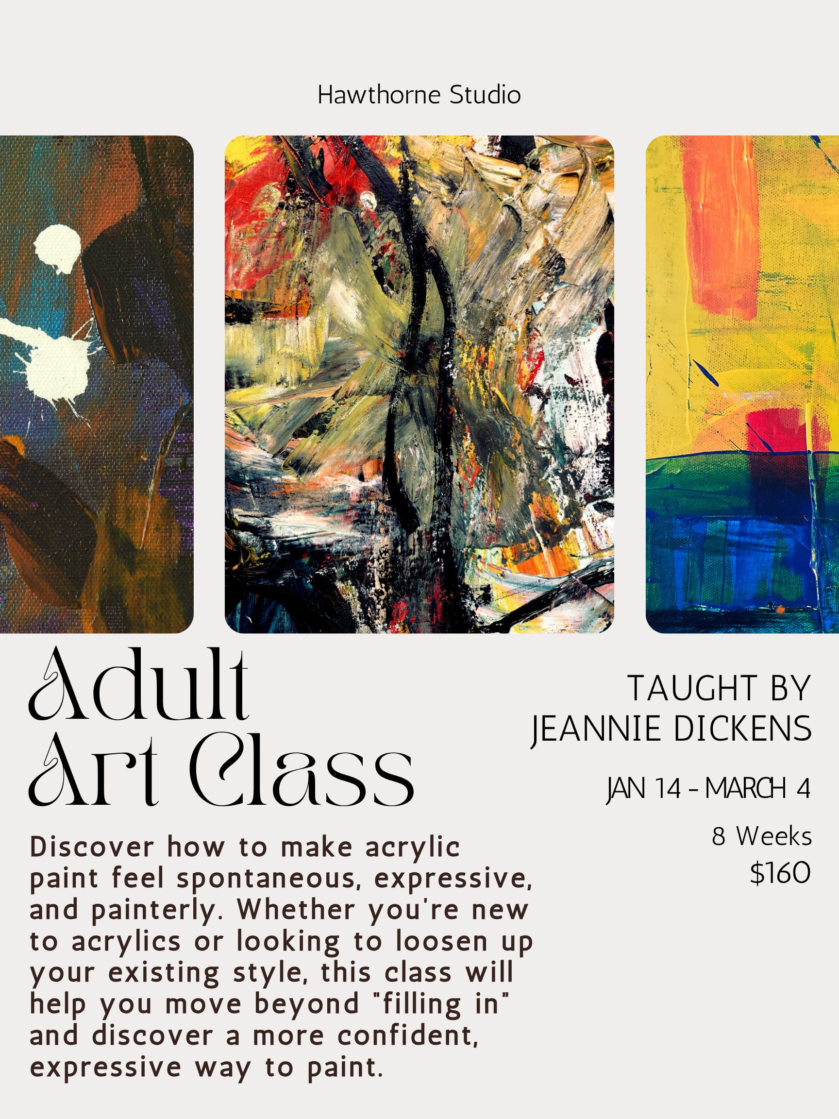 ART CLASSES flyer with abstract painting, “Fall Youth Classes,” and contact details