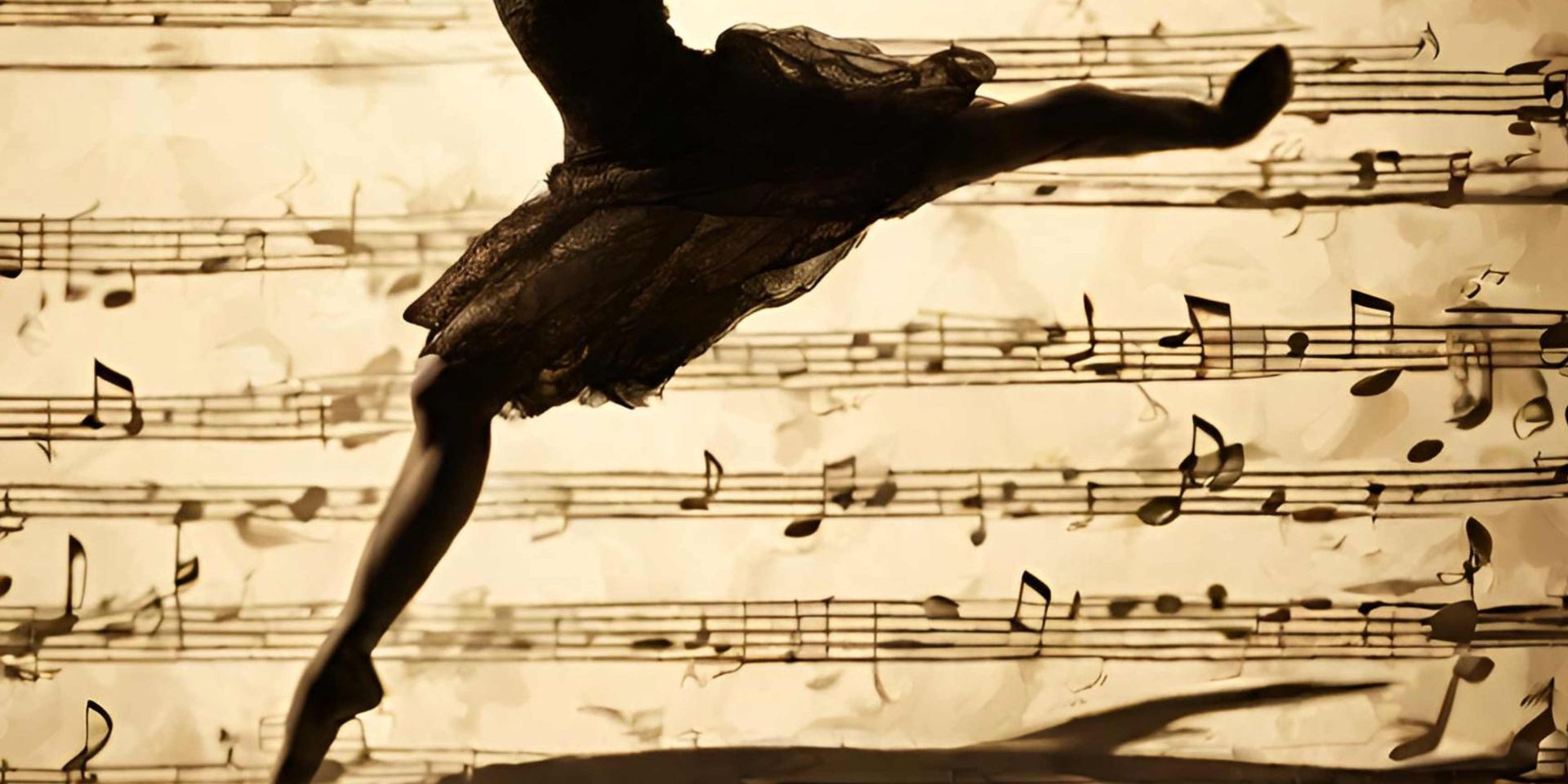 Silhouette of a dancer leaping across sheet music background in sepia tones